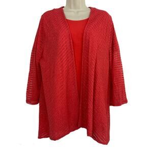 Chicos 3 Open Knit Cardigan Top Dark Pink Metallic w Bonus T-shirt Sweater XL 1X